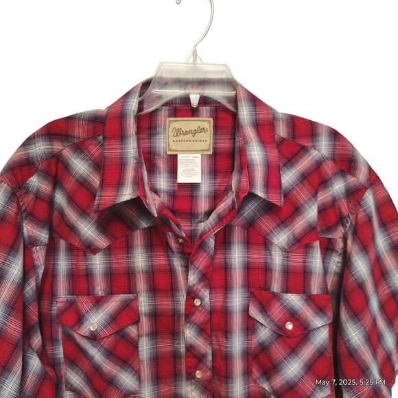 Wrangler Red Plaid Pearl Snap Short Sleeve Dress Shirt Size XXL Western - Picture 4 of 7